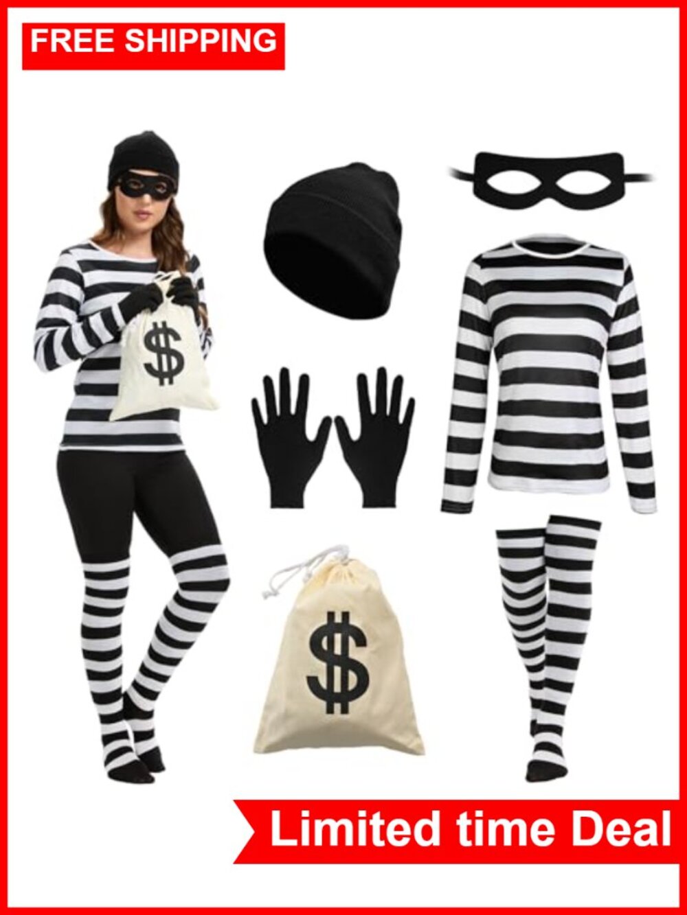 Women's Robber Costume Set Striped Shirt Eye Mask Beanie Gloves Purse |